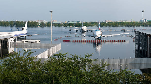 "Flooded Don Mueang Airport in Bangkok, Thailand. Unusual heavy rains in July 2011 combined with high tides of the sea triggered massive flooding in Thailand. Approximately one third of all provinces are affected."