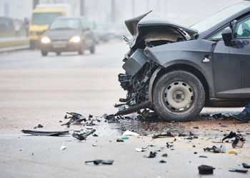 car crash accident on street, damaged automobiles after collision in city