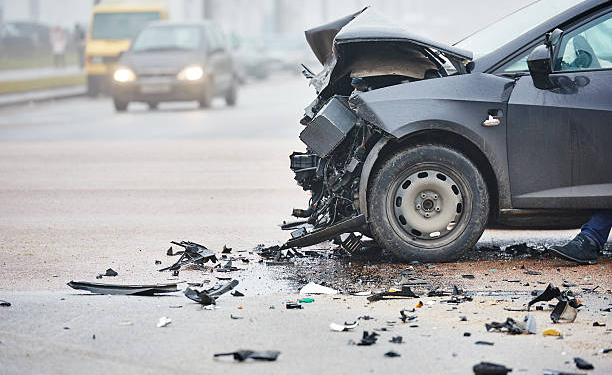 car crash accident on street, damaged automobiles after collision in city