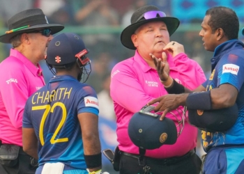 New Delhi: Sri Lankan batters Charith Asalanka and Angelo Mathews talk to umpires as Mathews being given 'timed out' during the ICC Cricket World Cup 2023 match between Sri Lanka and Bangladesh, at the Arun Jaitley Cricket Stadium in New Delhi, Monday, Nov. 6, 2023. (PTI Photo/Kamal Kishore)(PTI11_06_2023_000166A)