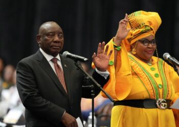 South African President Cyril Ramaphosa and Pemmy Majodina of the African National Congress (ANC) attend a swearing-in ceremony into the National Assembly during the first sitting of the National Assembly following elections, at the Cape Town International Convention Center (CTICC) in Cape Town, South Africa June 14, 2024.