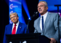 Duluth, GA - October 24 : Robert F. Kennedy Jr. speaks with Republican presidential nominee former President Donald Trump at a Turning Point Action Rally in Duluth, GA on Wednesday, Oct. 23, 2024. (Photo by Jabin Botsford/The Washington Post via Getty Images)