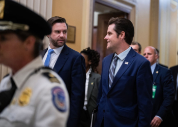 UNITED STATES - NOVEMBER 20: Former Rep. Matt Gaetz, R-Fla., right, nominee to be attorney general, and Vice President-elect Sen. JD Vance, R-Ohio, leave the U.S. Capitol after meetings with senators on Wednesday, November 20, 2024. (Tom Williams/CQ-Roll Call, Inc via Getty Images)