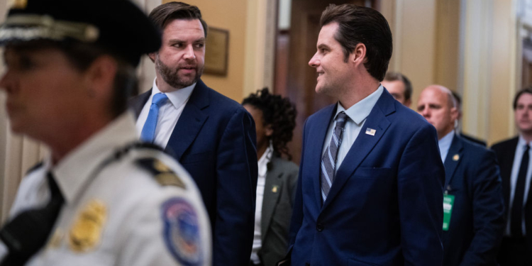 UNITED STATES - NOVEMBER 20: Former Rep. Matt Gaetz, R-Fla., right, nominee to be attorney general, and Vice President-elect Sen. JD Vance, R-Ohio, leave the U.S. Capitol after meetings with senators on Wednesday, November 20, 2024. (Tom Williams/CQ-Roll Call, Inc via Getty Images)