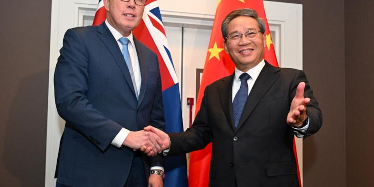 Chinese Premier Li Qiang shakes hands with Australian Opposition Leader Peter Dutton during a meeting at the Hyatt hotel in Canberra, Monday, June 17, 2024. Li Qiang, who is second only to President Xi Jinping, is on a four-day visit to Australia. (AAP Image/Lukas Coch) NO ARCHIVING