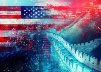 A conceptual collage, China vs. USA in AI race. Abstract elements: binary codes flowing like rivers, Great Wall transforming into a data stream, and American flags merging with AI chipsets. Vibrant color palette with glowing effects, contrasts of red and blue tones, layered composition with high-tech aesthetics, artistic fusion, hd quality --ar 16:9 --stylize 50 --v 6.1 Job ID: 5a8c90dc-3d80-4a8d-937b-c5ceb7ebc32a