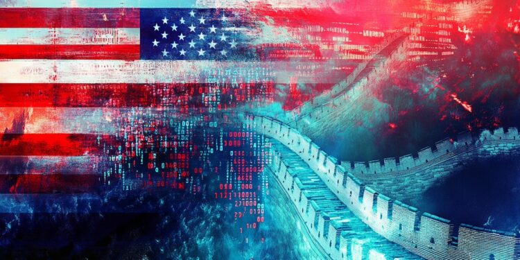 A conceptual collage, China vs. USA in AI race. Abstract elements: binary codes flowing like rivers, Great Wall transforming into a data stream, and American flags merging with AI chipsets. Vibrant color palette with glowing effects, contrasts of red and blue tones, layered composition with high-tech aesthetics, artistic fusion, hd quality --ar 16:9 --stylize 50 --v 6.1 Job ID: 5a8c90dc-3d80-4a8d-937b-c5ceb7ebc32a