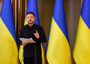 Ukraine's President Volodymyr Zelenskiy speaks to the media