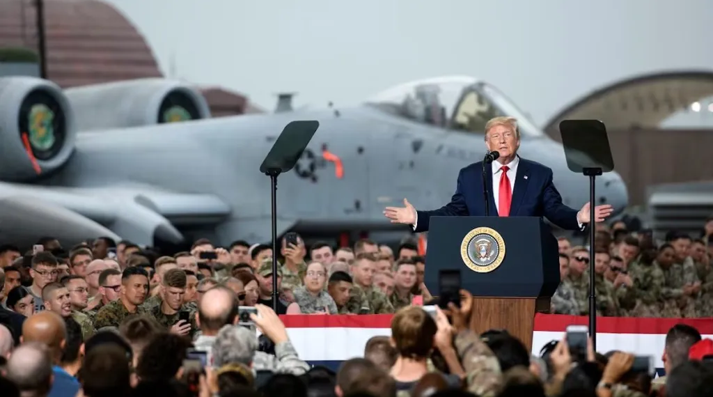 With a US Air Force Thunderbolt II in the background, President Donald Trump speaks to military personnel and their families at Osan Air Base, South Korea, in 2019. Photo: Ed Jones / Pool